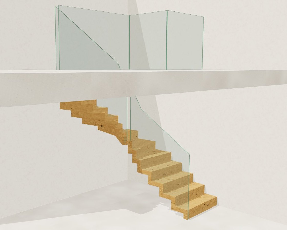 Faltwerktreppe aus Eiche im 3D-Konfigurator, viertelgewendelt, Glasgeländer in die Stufen eingefräst